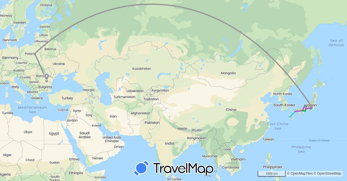 TravelMap itinerary: driving, bus, plane, train, boat in Japan, Poland, Romania (Asia, Europe)
